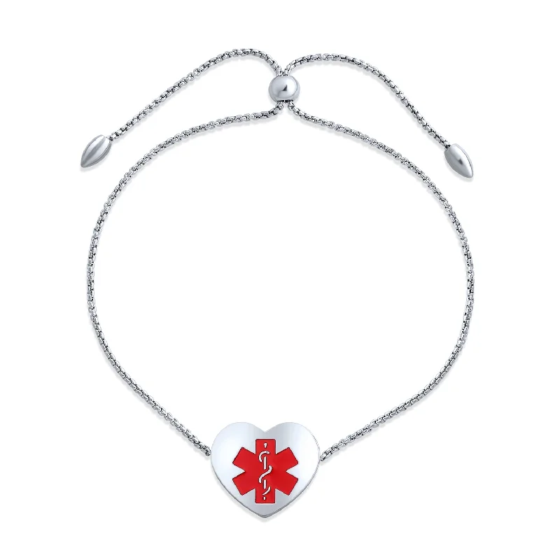 Ladies bracelets generational gift picks-Feminine Heart Charm Medical ID Bracelet Silver Tone Stainless Steel Chain