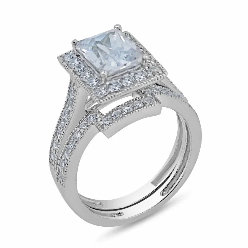 Ladies rings 2025 style trends-Rhodium Plated 925 Sterling Silver Clear CZ Square Bridal Ring Set - BGR00198