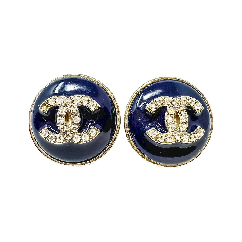 Ladies earrings baroque inspired designs-Chanel Round Enamel Stud Earrings with Interlocking CC with Crystal