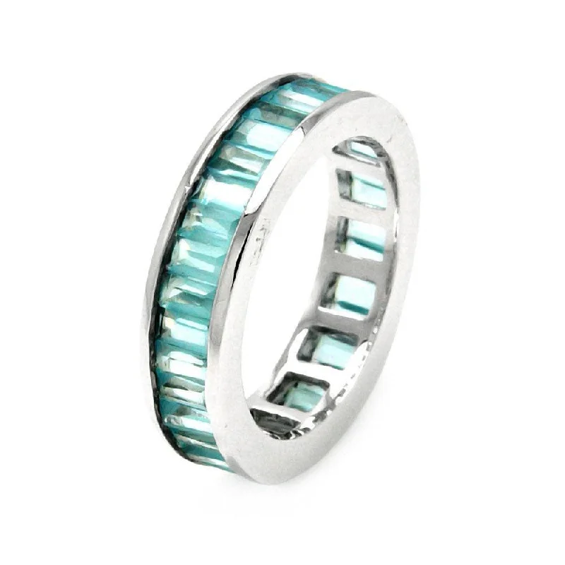 Ladies rings minimalist daily wear-Silver 925 Rhodium Plated Channel Set Aqua Blue Baguette CZ Stackable Eternity Ring - STR00124BLU