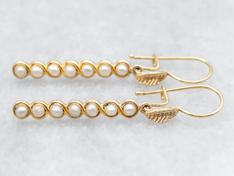 Ladies earrings lightweight stud designs-Pearl Bar Drop Earrings with Leaf Detail