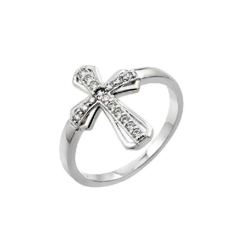 Ladies rings ergonomic shape rings-Silver 925 Rhodium Plated Clear CZ Cross Ring - BGR00848