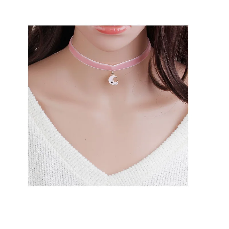 Ladies necklaces iridescent finish designs-Sexy Sparkles Velvet Choker Necklace Pink Half Moon Pentagram Star for Women Girls Gothic Choker Bolo Tie