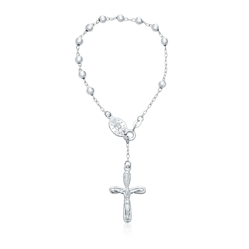 Ladies bracelets feather-inspired designs-Religious Chain Link Bracelet Jesus Crucifix Virgin Mary Rosary Beads  Silver