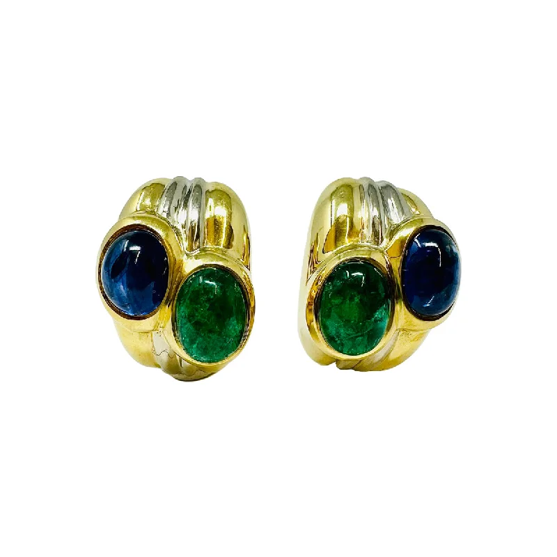 Ladies earrings 2025 style trends-Giovane 18K Yellow and White Gold Ribbed Earrings with Emerald and Sapphire