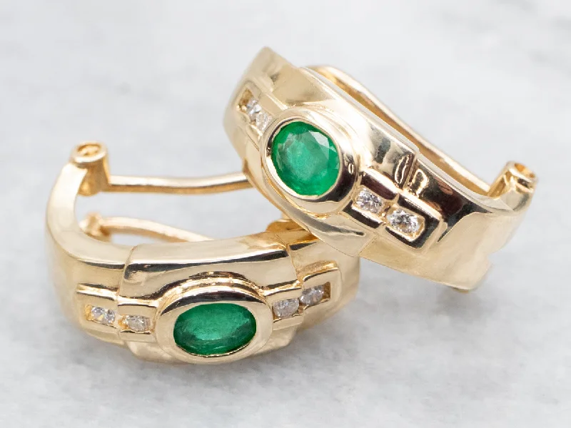 Ladies earrings lightweight comfort designs-Modern Emerald and Diamond Half Hoop Earrings