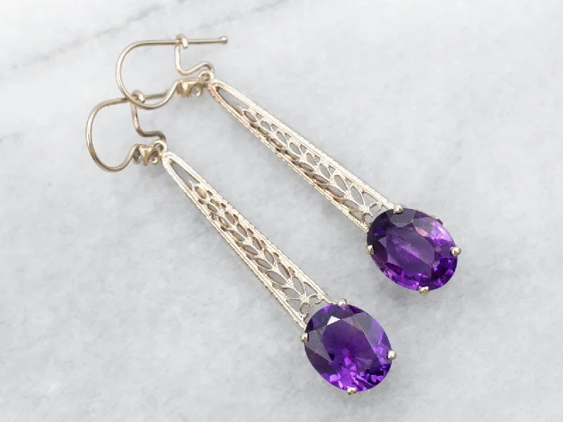 Ladies earrings perfect gift choices-Long Amethyst and Diamond Drop Earrings