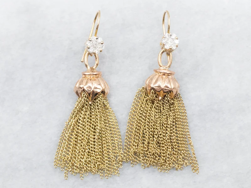 Ladies earrings upcycled earring designs-Two Tone Tassel Dangle Drop Earrings with Diamond Cluster Accent