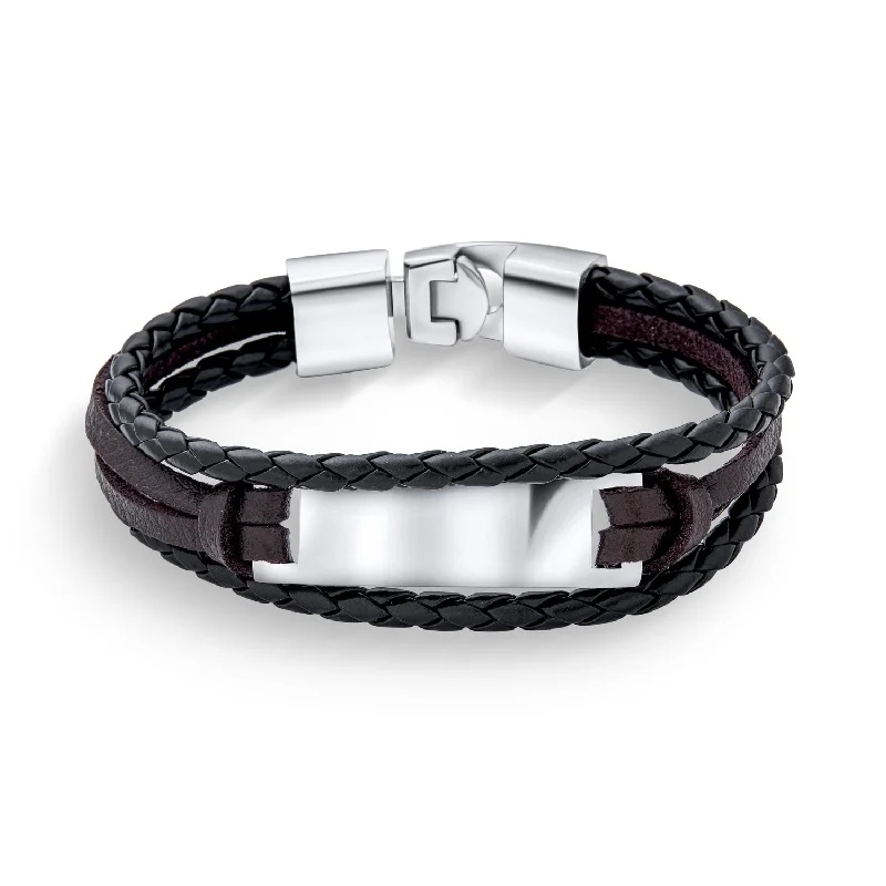 Ladies bracelets neon bright bracelets-Unisex Black Rope Cord Brown Leather ID Bracelet for Men Silver Tone Stainless Steel