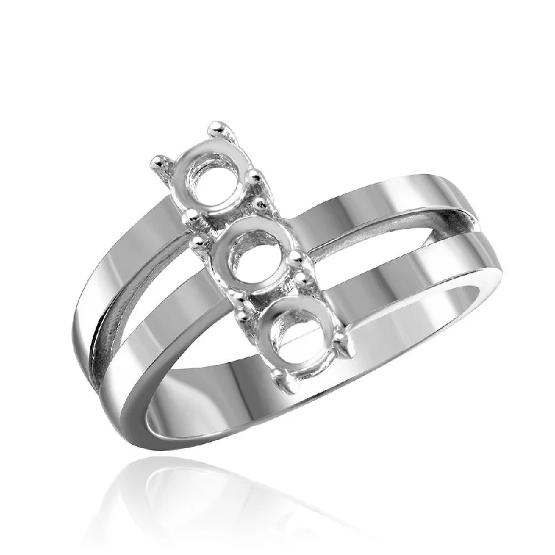 Ladies rings iridescent finish designs-Silver 925 Rhodium Plated Open Shank 3 Stone Mounting Ring - BGR00475