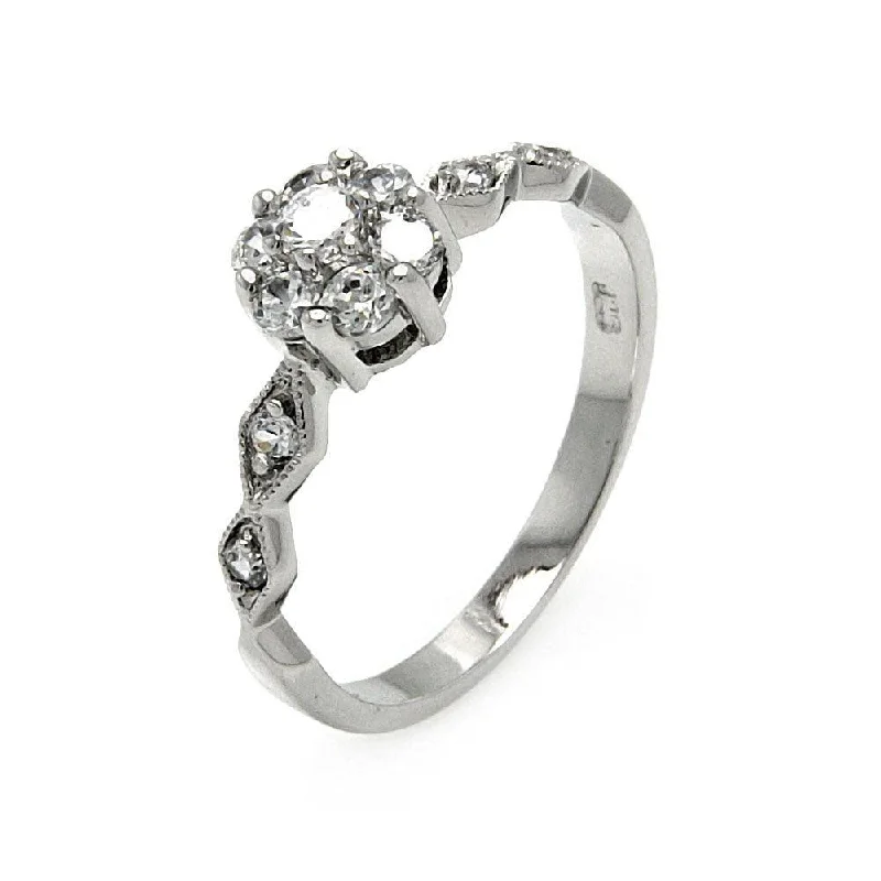 Ladies rings global brand styles-Silver 925 Rhodium Plated Diamond Shaped Sides Clear CZ Flower Ring - BGR00511