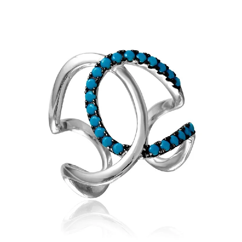 Ladies rings recycled metal styles-Rhodium Plated 925 Sterling Silver Open Ended Interlock Ring with Turquoise Stones - BGR01099