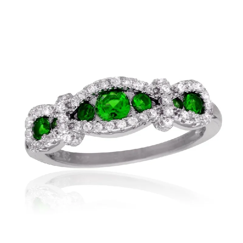 Ladies rings cultural heritage styles-Rhodium Plated 925 Sterling Silver Knotted Green CZ Ring - BGR01112GRN