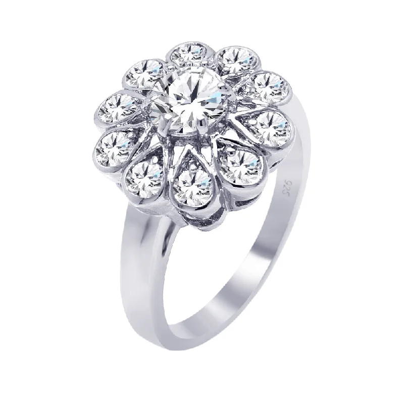 Ladies rings movable stone rings-Silver 925 Rhodium Plated Round Center CZ Flower Ring - BGR00265