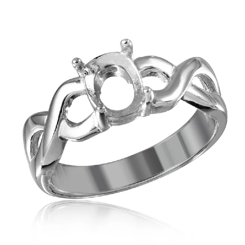 Ladies rings high investment value-Silver 925 Rhodium Plated Open Overlap Shank Oval Stone Mounting Ring - BGR01195