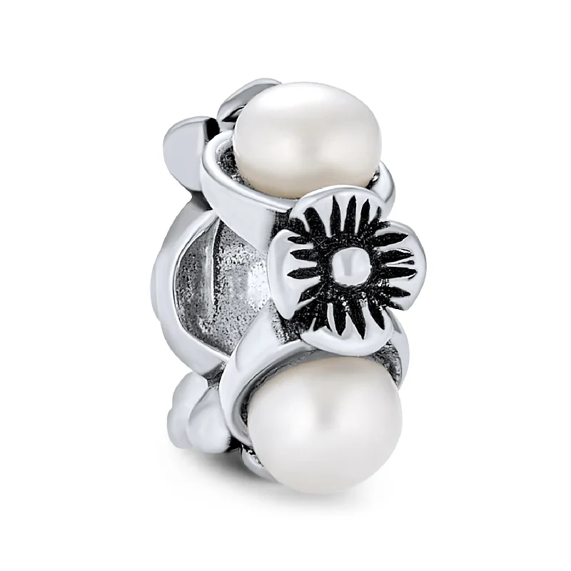 Ladies bracelets fragile beauty styles-White Simulated Pearl Flower Charm Bead Sterling Silver for European Bracelet