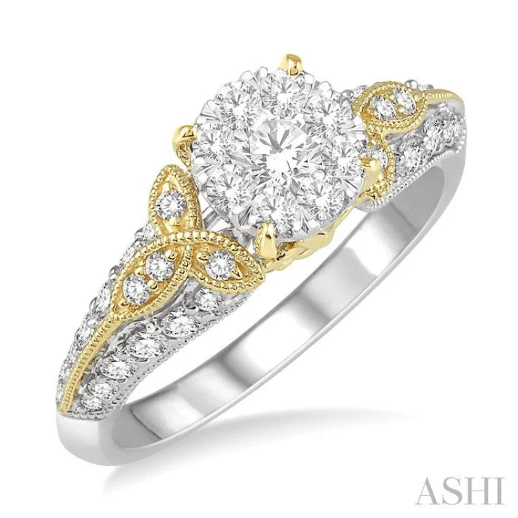 Ladies engagement rings twisted styles-3/4 Ctw Round Diamond Lovebright Vintage Inspired Engagement Ring in 14K White and Yellow Gold