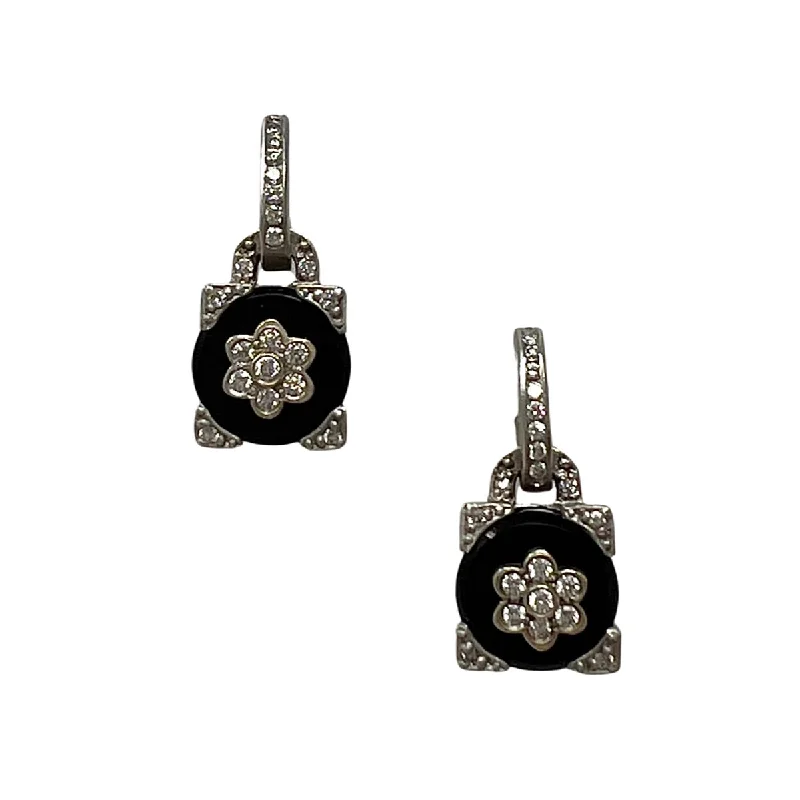 Ladies earrings natural stone designs-18K White Gold Onyx and Diamond Drop Earrings