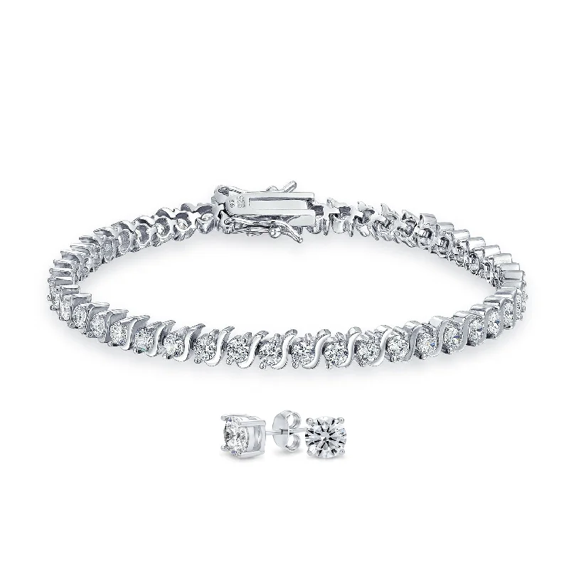 Ladies bracelets special occasion designs-Traditional Bridal Jewelry Set 15CTW CZ Tennis Bracelet & Earrings Silver Rhodium