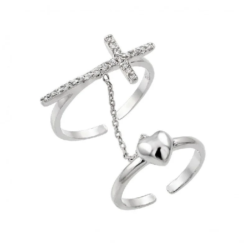 Ladies rings brilliant cut styles-Silver 925 Rhodium Plated Clear CZ Cross Heart Knuckle Slave Ring - BGR00885