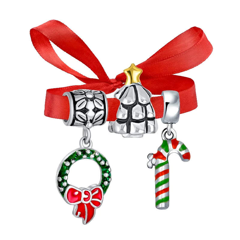 Ladies bracelets luxury brand picks-Christmas Charm Bead Tree Wreath & Candy Cane Enamel for European Bracelet