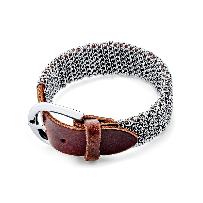 Ladies bracelets step cut designs-Hip Hop Wrap Bracelet Punk Rocker Metal Mesh Chain with Brown Leather Buckle