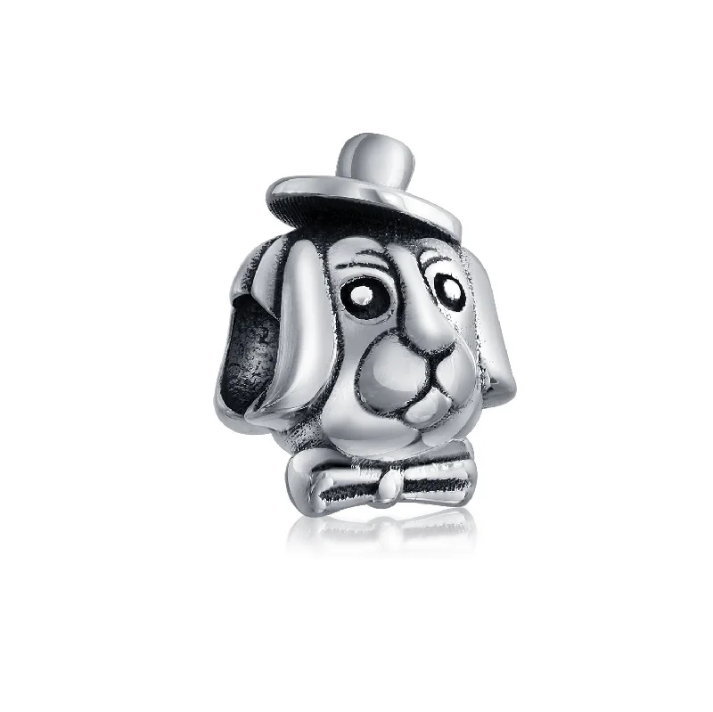 Ladies bracelets minimalist daily wear-BFF Puppy Top Hat Charm Bead in Oxidized Sterling Silver for European Bracelets