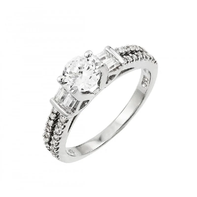 Ladies rings fragile beauty styles-Silver 925 Rhodium Plated Clear Round and Baguette CZ Ring - STR00998