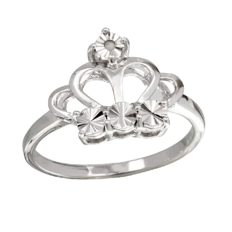 Ladies rings age-appropriate designs-Rhodium Plated 925 Sterling Silver Diamond Cut Crown Ring - STR01083