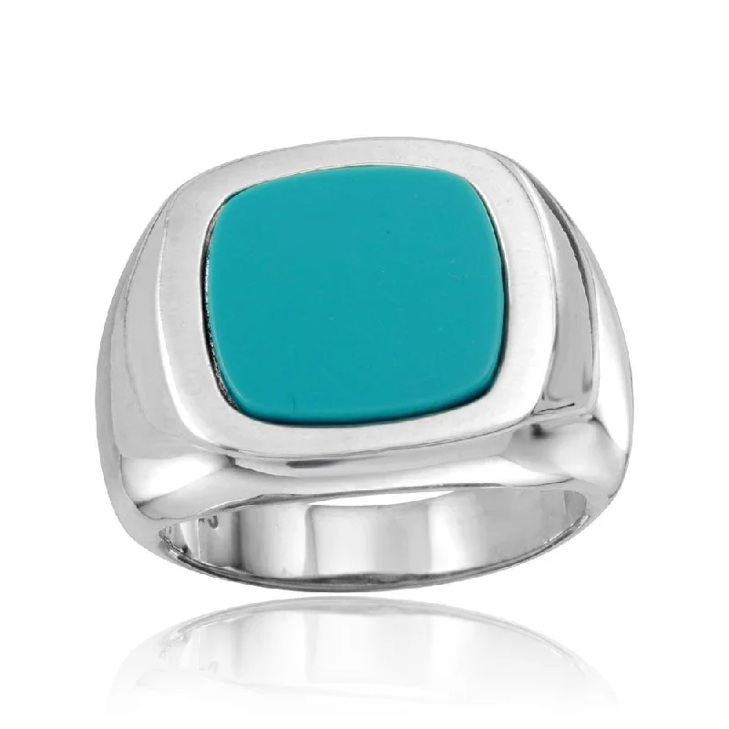 Ladies rings fade-proof designs-High Polished 925 Sterling Silver Square Dome Ring with Flat Turquoise Stone - CR00802