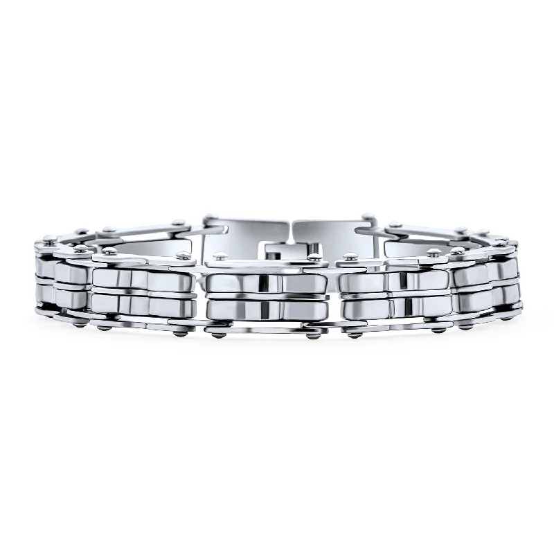 Ladies bracelets leather wrap designs-Biker Mechanic Chain Link Bracelet for Men - Silver Tone Stainless Steel