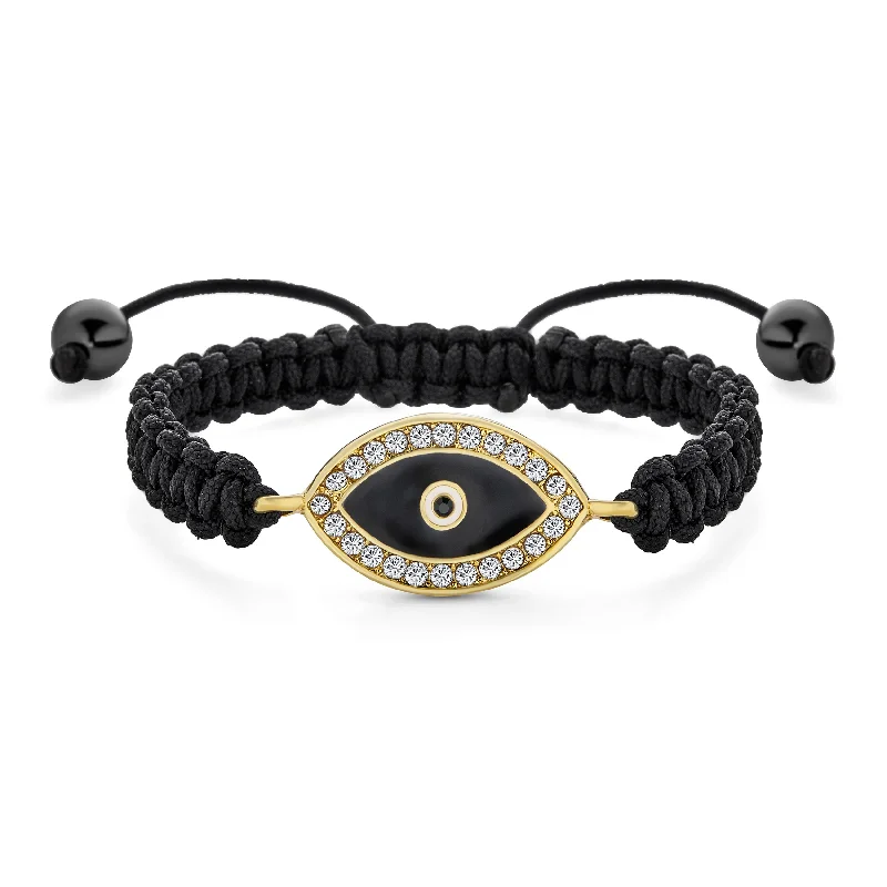 Ladies bracelets symmetrical balance styles-Black Braided Cord Strand Bracelet with Evil Eye Crystal Accent Gold Plated Charm