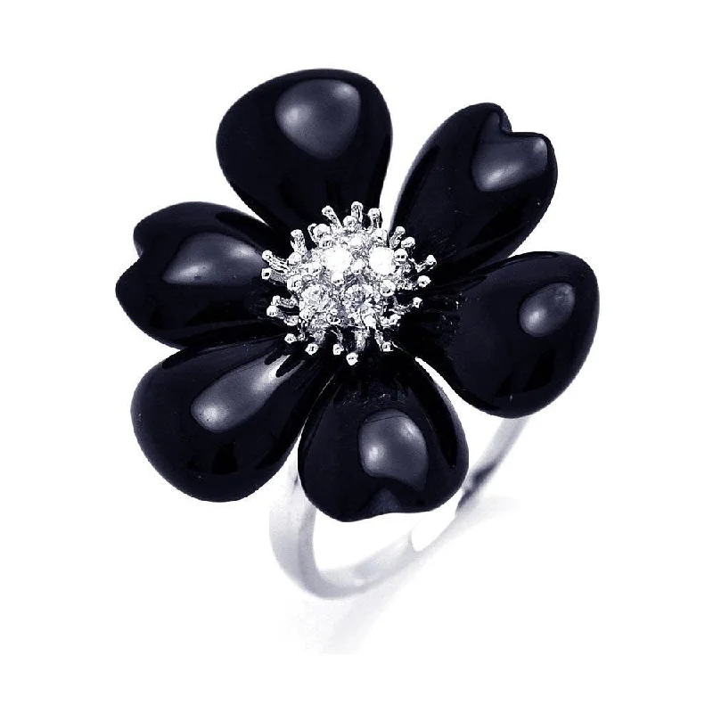 Ladies rings rigid frame designs-Silver 925 Rhodium Plated Black Onyx Clear CZ Flower Ring - BGR00257