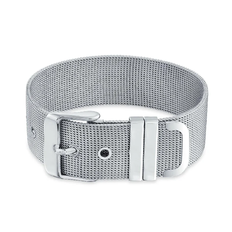 Ladies bracelets love token bracelets-Unisex Wide Band Mesh Cuff Bracelet with Belt Buckle for Men Stainless Steel