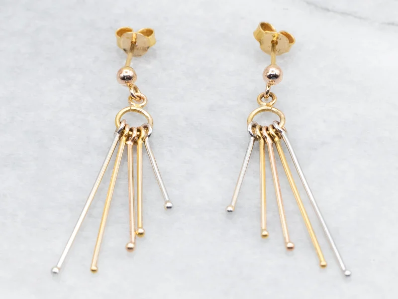 Ladies earrings anniversary earring styles-Tri Color Yellow, White, and Rose Gold Bar Tassel Drop Earrings