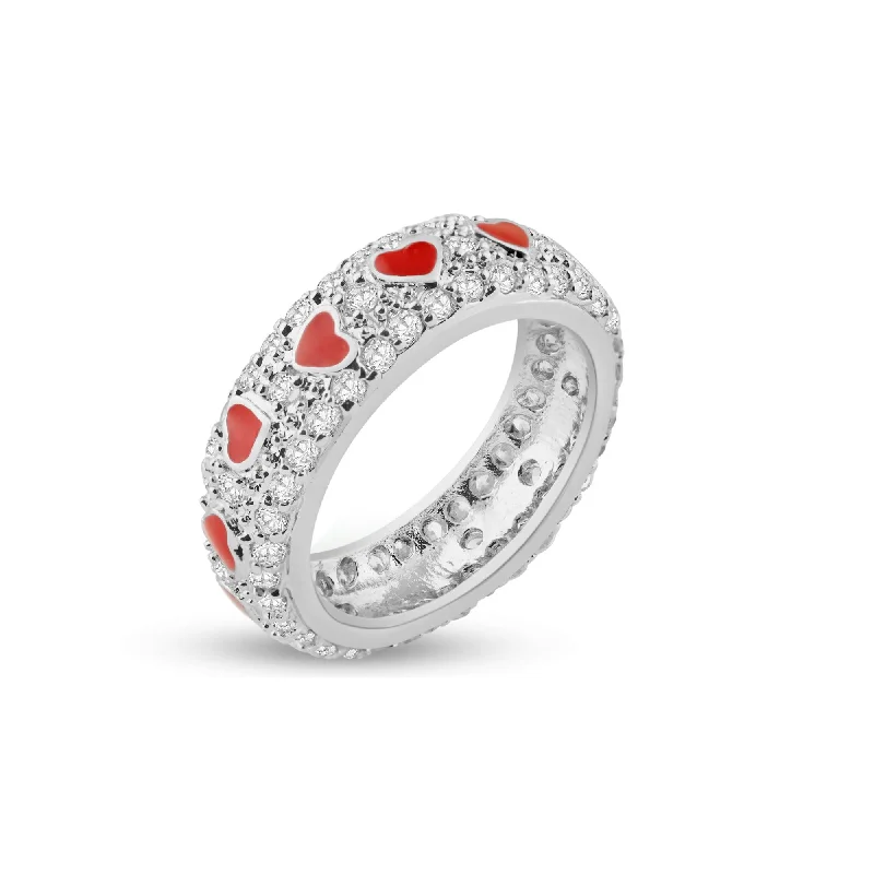 Ladies rings brilliant cut styles-Silver 925 Rhodium Plated Red Enamel Heart Pave Set CZ Eternity Ring - STR00549