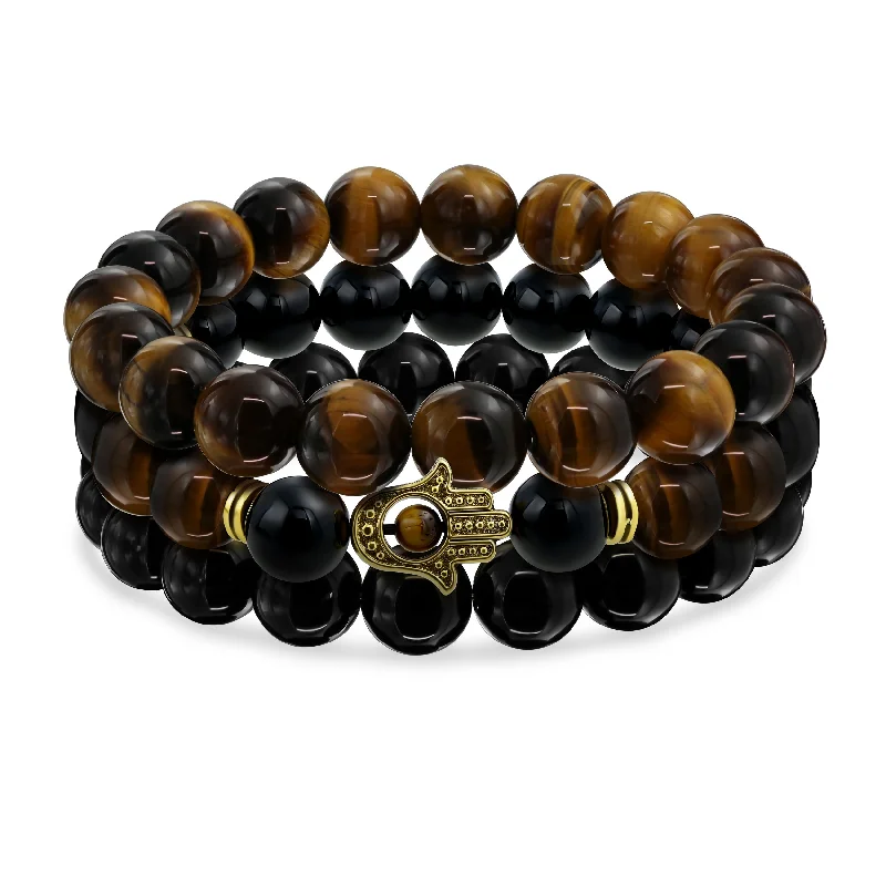 Ladies bracelets Thanksgiving gift styles-Set of 3 Tiger Eye & Onyx Bead Stretch Bracelet with Hamsa Hand - Gold Plated