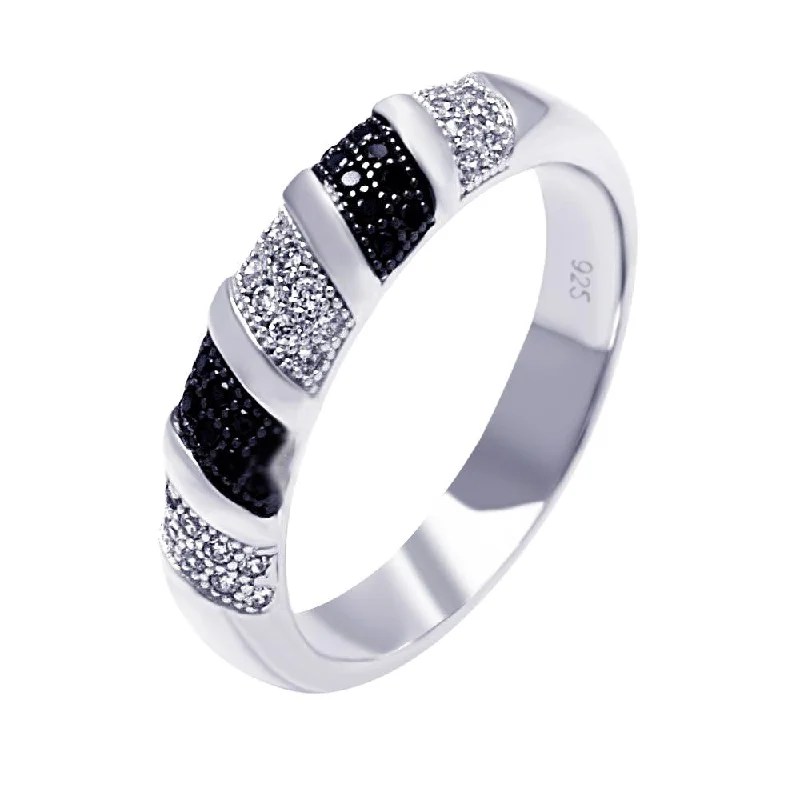 Ladies rings eco-friendly materials-Silver 925 Rhodium and Black Rhodium Plated Black and Clear Micro Pave CZ Stripe Ring - ACR00055