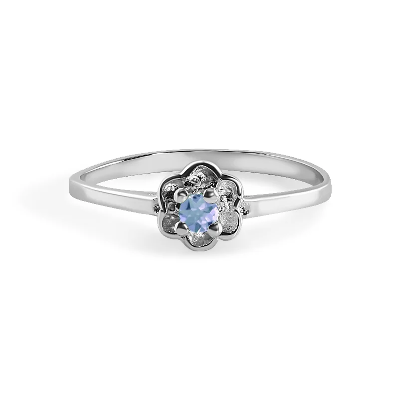 Ladies rings long-lasting designs-Rhodium Plated 925 Sterling Silver Dainty Birthstone Flower Ring- SPR00004