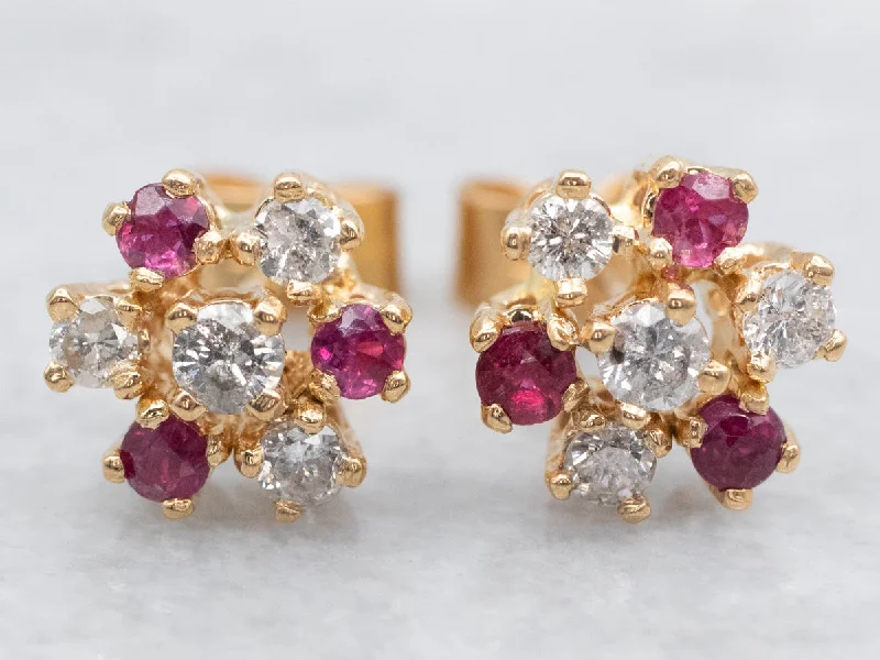 Ladies earrings small batch earrings-Diamond and Ruby Cluster Stud Earrings