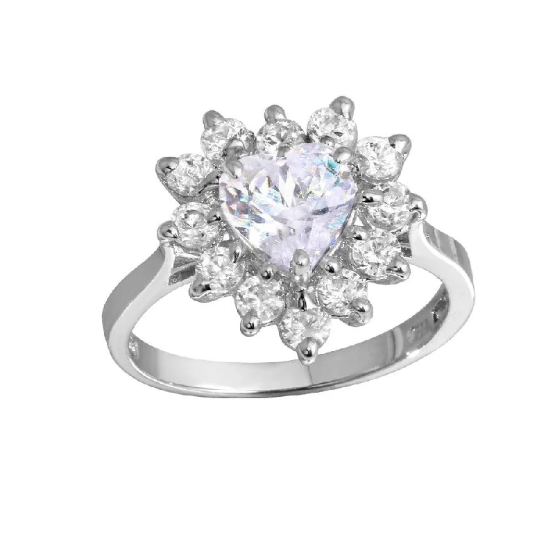 Ladies rings cultural heritage styles-Rhodium Plated 925 Sterling Silver CZ Heart Flower Ring - GSR00003