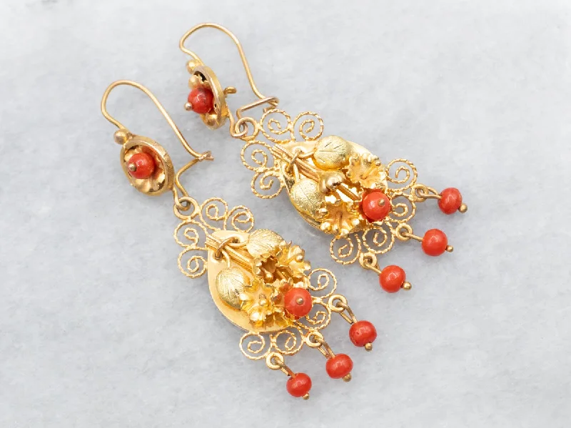 Ladies earrings garnet red earrings-Yellow and Green Gold Red Coral Botanical Drop Earrings