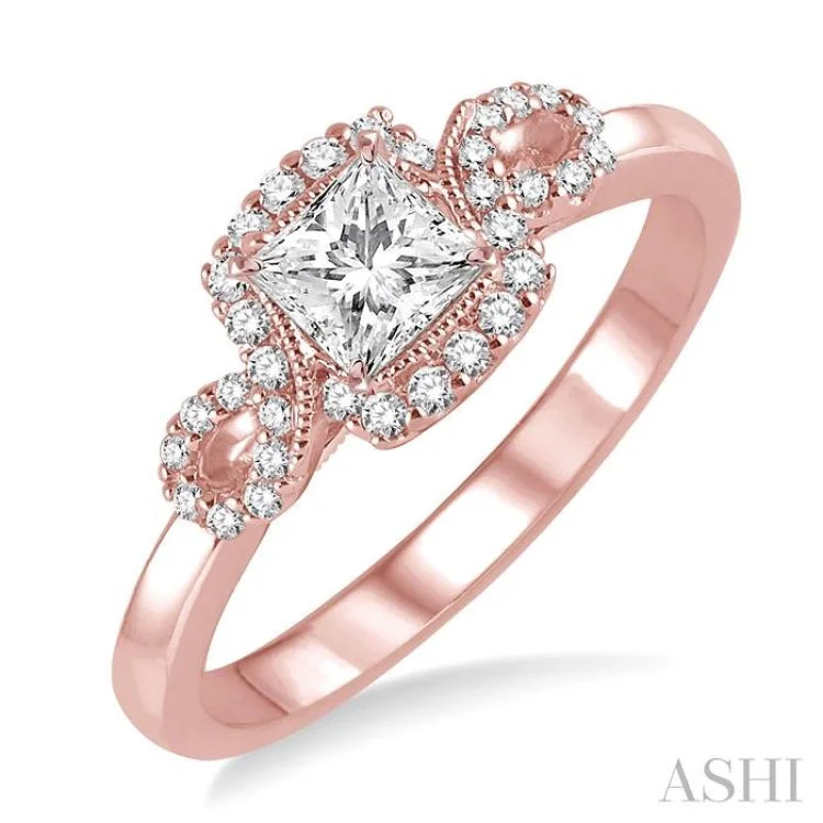 Ladies engagement rings infinity diamond cuts-3/8 Ctw Diamond Engagement Ring with 1/5 Ct Princess Cut Center Stone in 14K Rose Gold