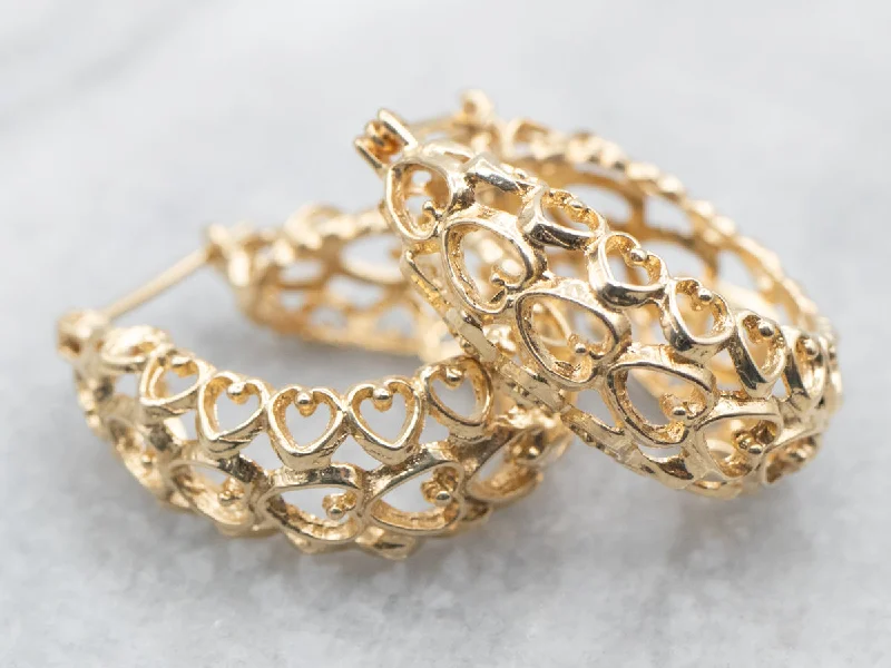 Ladies earrings marquise cut earrings-Gold Sweetheart Filigree Hoop Earrings