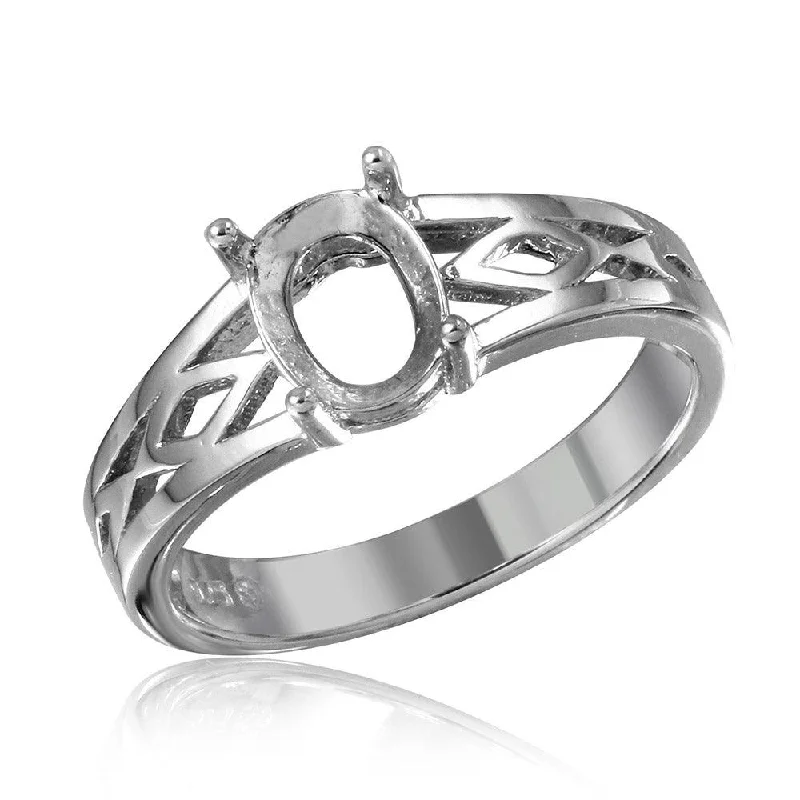 Ladies rings sentimental keepsake value-Silver 925 Rhodium Plated Cut Out Designed Shank Single Stone Mounting Ring - BGR01194