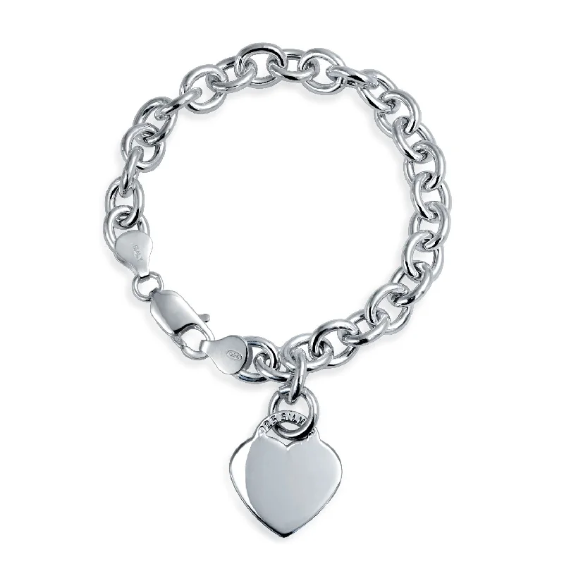 Ladies bracelets moonstone glow styles-Substantial Solid Link Heart ID Bracelet Charm Sterling Silver Made in Italy