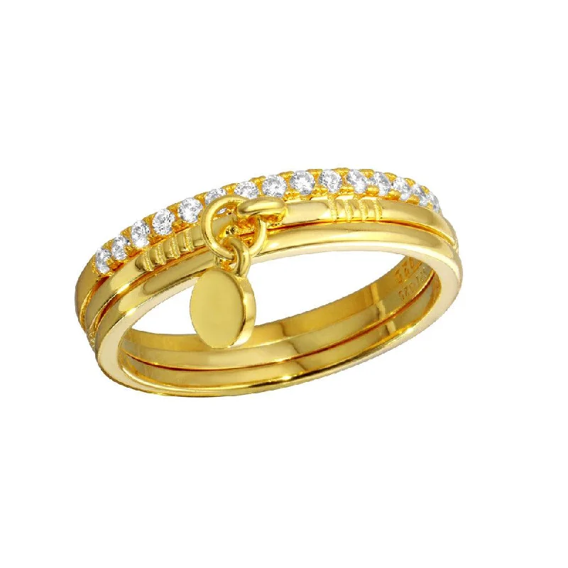 Ladies rings engagement gift ideas-Gold Plated 925 Sterling Silver Tri CZ Stackable With Hanging Disc Ring - STR01106GP