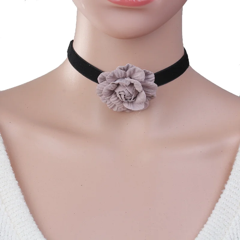 Ladies necklaces lightweight gold chains-Sexy Sparkles New Style Black Choker Necklace with Mauve Flower