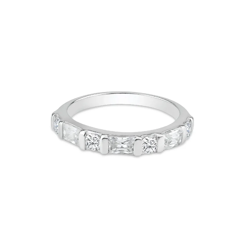 Ladies rings pinky finger styles-Silver 925 Rhodium Plated Clear Baguette CZ Ring - STR00785