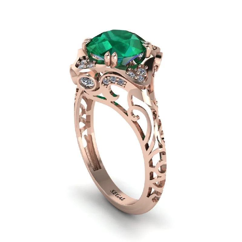 Ladies engagement rings silver halo styles-Emerald Ornate Filigree Engagement Ring - Evie No. 5